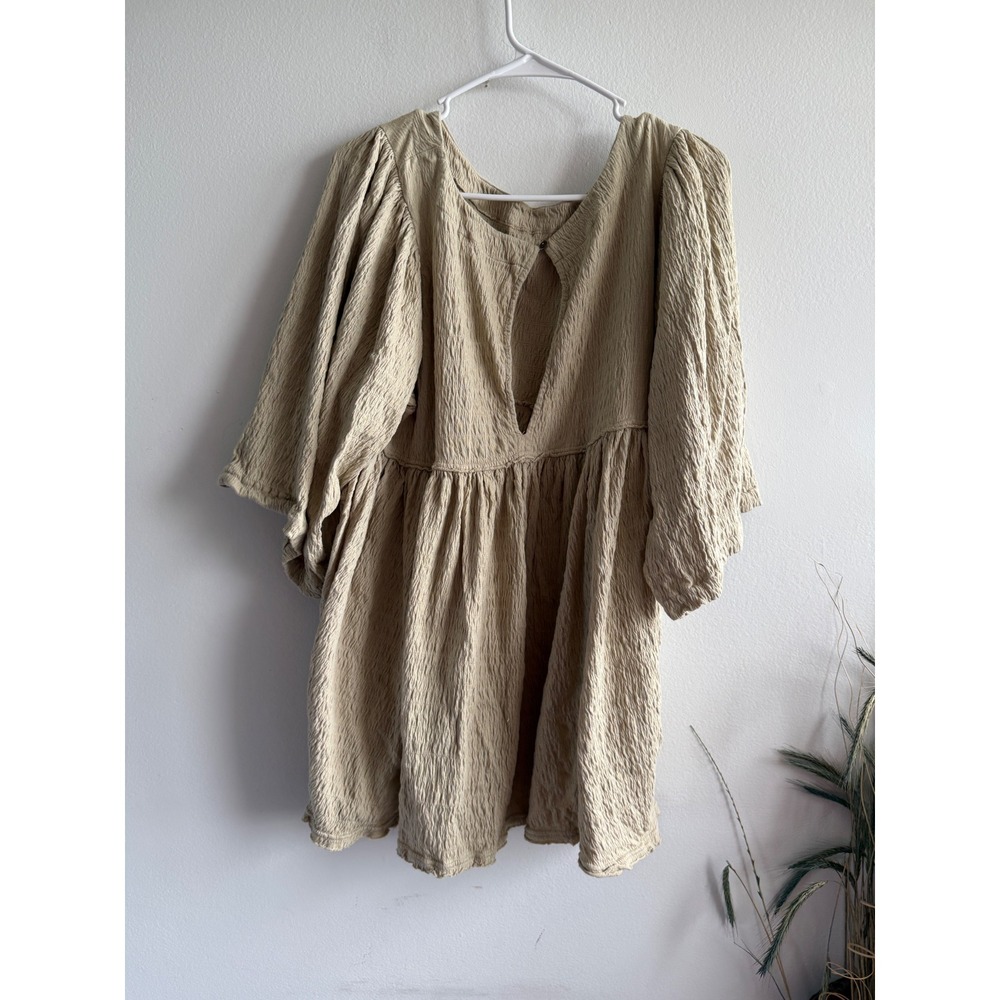 Free People Beach Beige Crinkle‎ Babydoll Mini Dress Puff Sleeve XS OB1122436